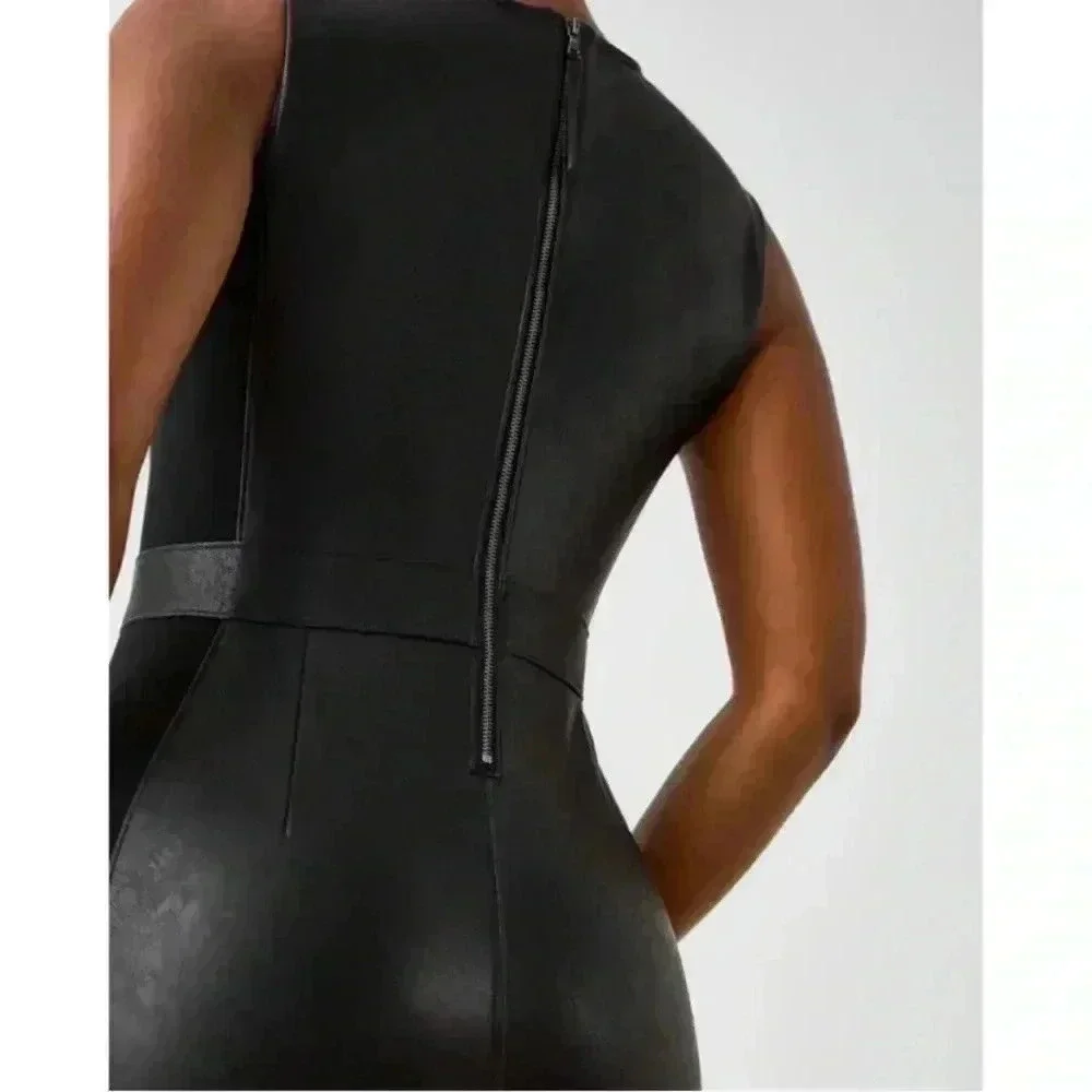 New SPANX Leather Ponte Midi Dress Sheath Stretch Faux Office Siren Boardroom